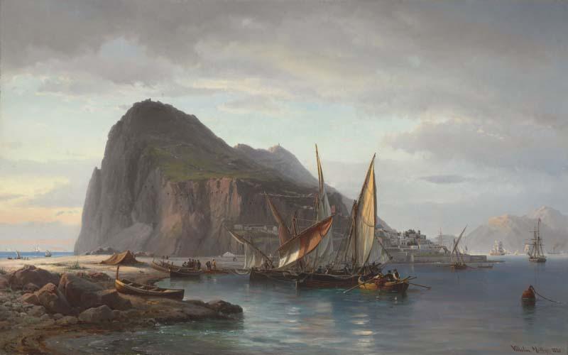 Vilhelm Melbye Shipping off Gibraltar oil painting image